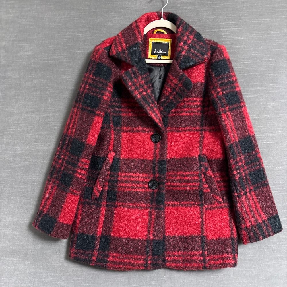 Sam Edelman Coat M Red Plaid Teddy Textured Button Front Mid Length Peacoat